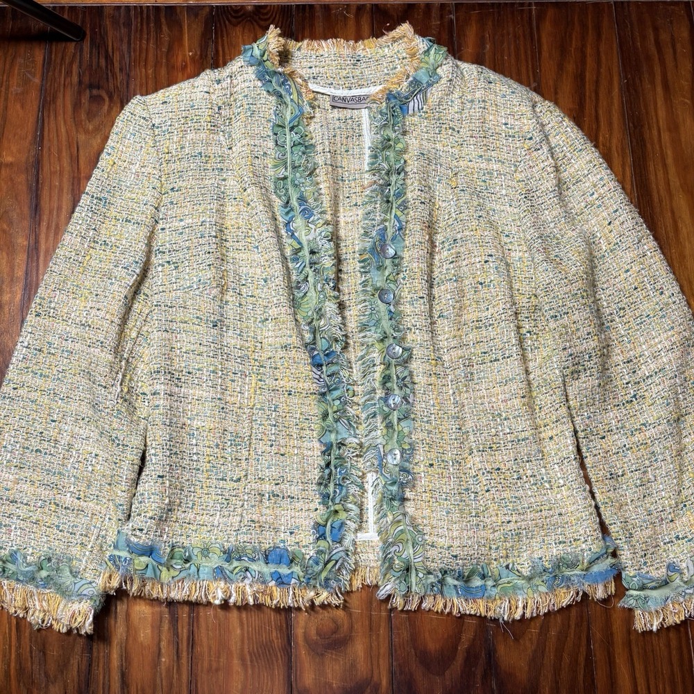 Canvasbacks Textured Yellow Blue Fringe Art To Wear Blazer Jacket Funky S A696